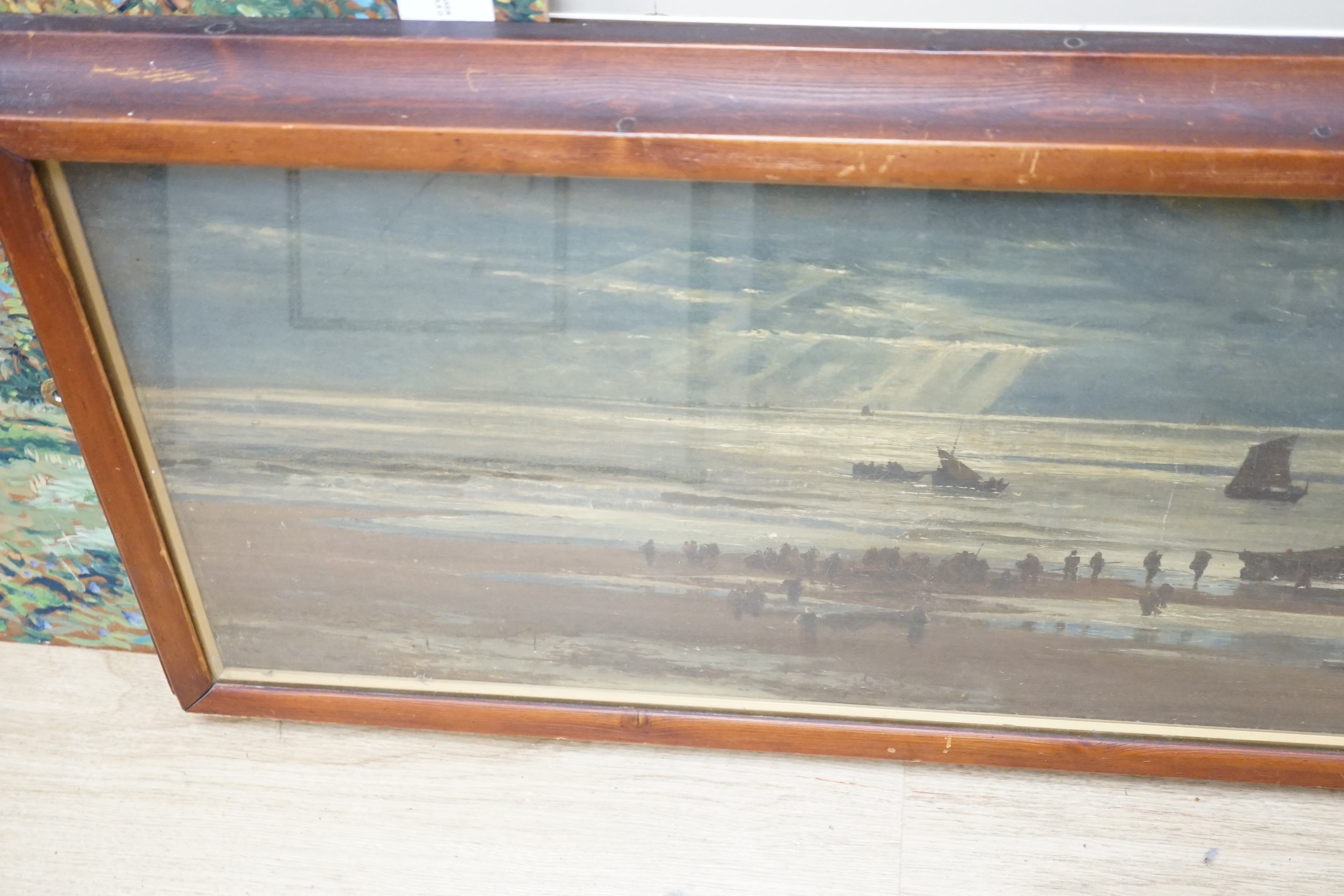 Manner of William Lionel Wyllie (1851-1931), oil on canvas, Panoramic coastal view with fishing boats, bears signature, 31 x 86cm. Condition - poor to fair